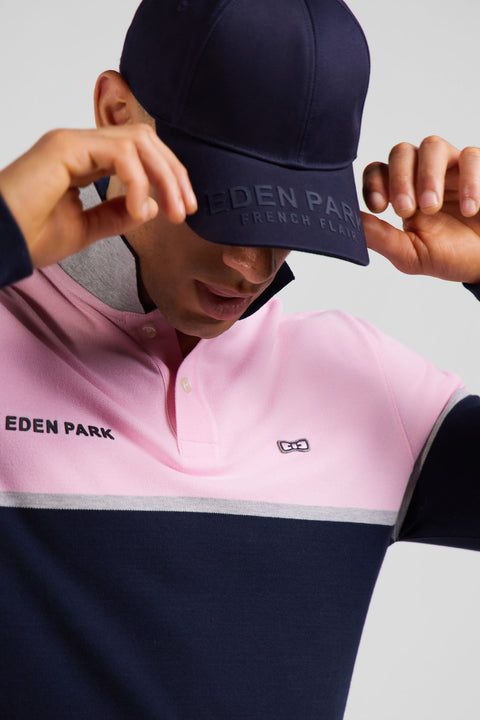 Regular navy blue bicolor long-sleeved cotton piqué polo shirt - Image 3