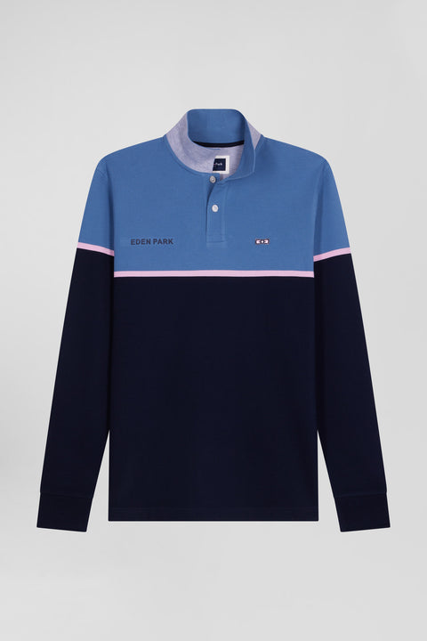 Regular blue bicolor long-sleeved cotton piqué polo shirt - Image 2