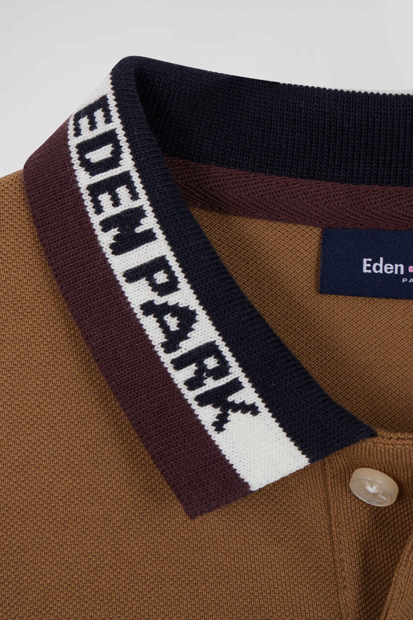 Eden Park regular fit polo shirt, long sleeves, cotton piqué, hazelnut, jacquard tricolour collar