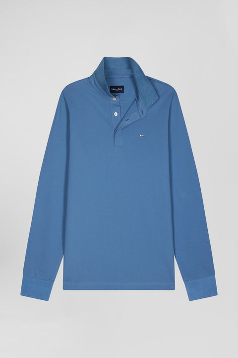 Slim blue long-sleeved cotton piqué polo shirt - Image 2