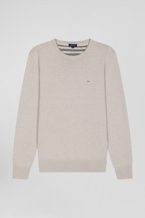 Regular beige wool and cotton crew neck jumper - Image 2