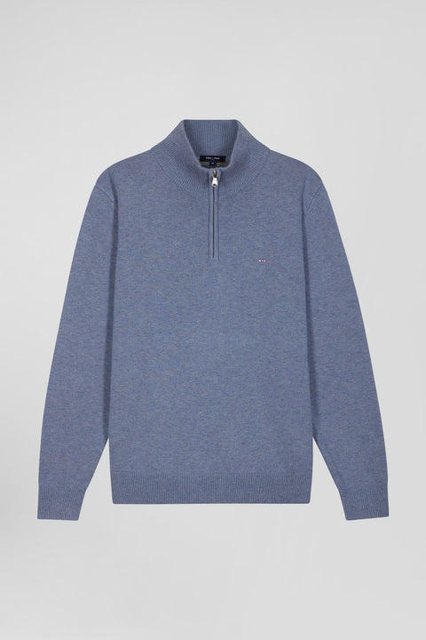 Regular light blue semi-zipped wool and cotton jumper - Image 2