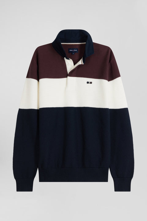 Regular burgundy wool and cotton jumper with knit patterns and rugby shirt collar - Image 2