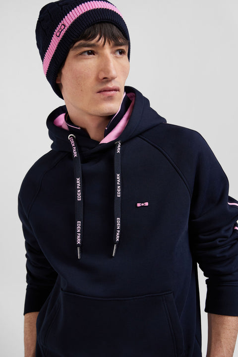 Relaxed navy blue fleece hoodie with branded drawstrings - Image 3