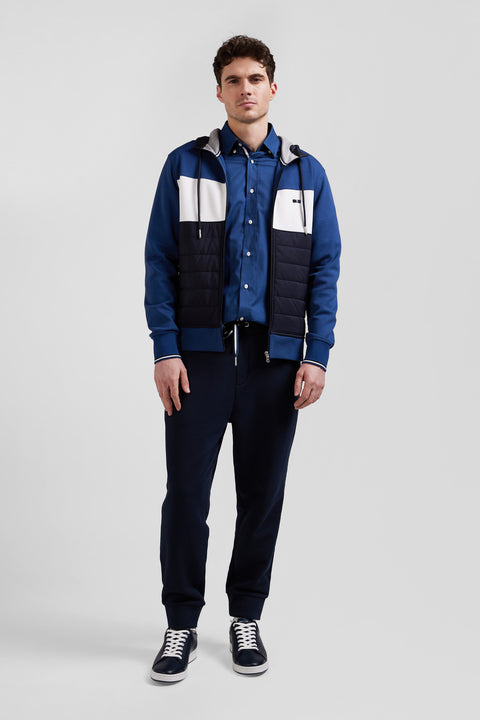 Regular dark blue cotton blend hoodie with padded front - Image 1