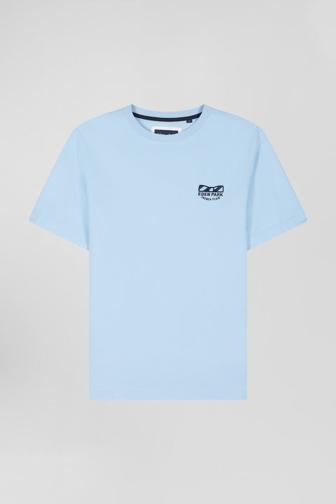 Regular sky blue short-sleeved cotton T-shirt with tie patchwork emblem - Image 2