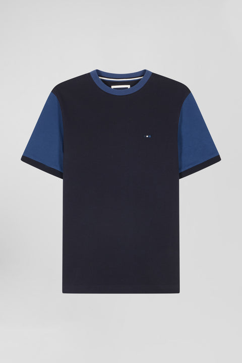 Regular navy blue cotton T-shirt with short contrasting sleeves - Image 2