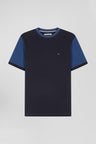 Regular navy blue cotton T-shirt with short contrasting sleeves