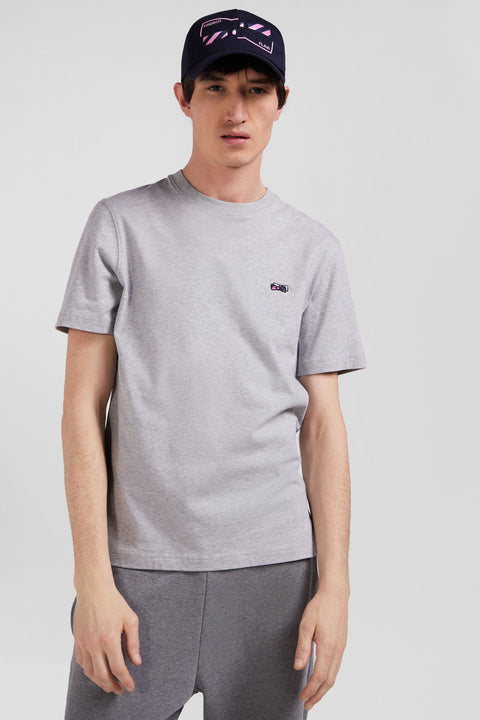 Regular grey short-sleeved cotton T-shirt with back embroidery - Image 3