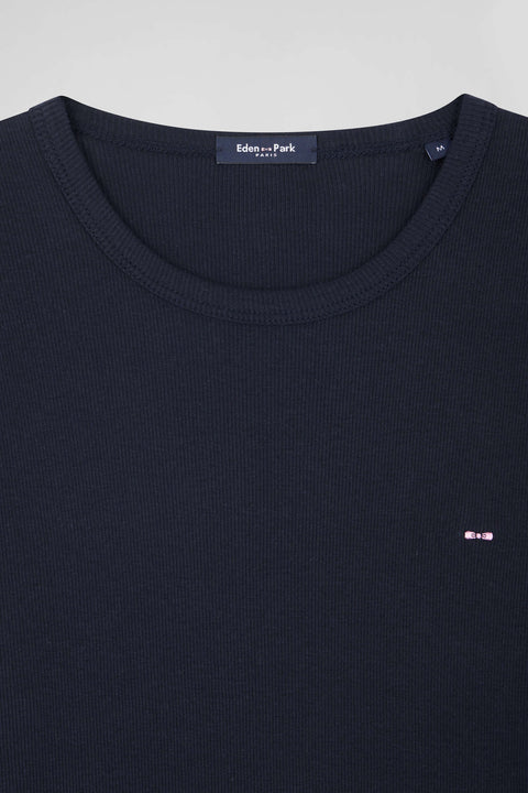 Slim navy blue long-sleeved round neck cotton T-shirt - Image 3