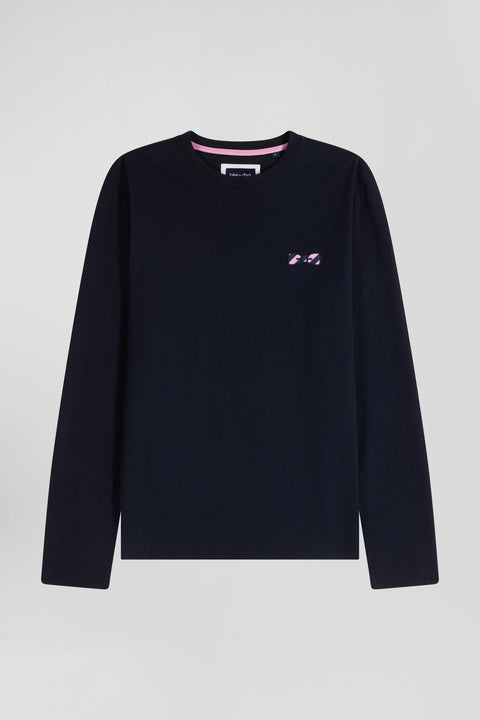Regular navy blue embroidered long-sleeved cotton T-shirt - Image 2