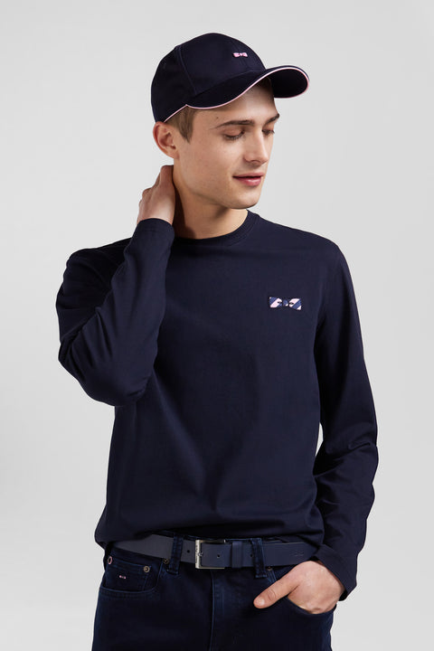 Regular navy blue embroidered long-sleeved cotton T-shirt - Image 3