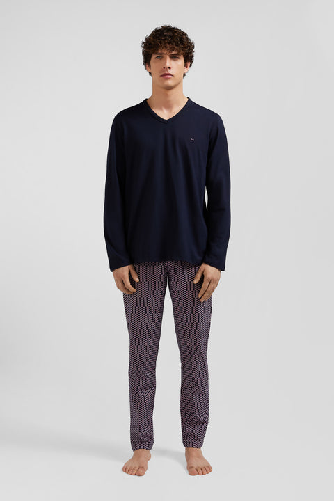 Pink long cotton pajamas with bow tie micro pattern trousers - Image 1