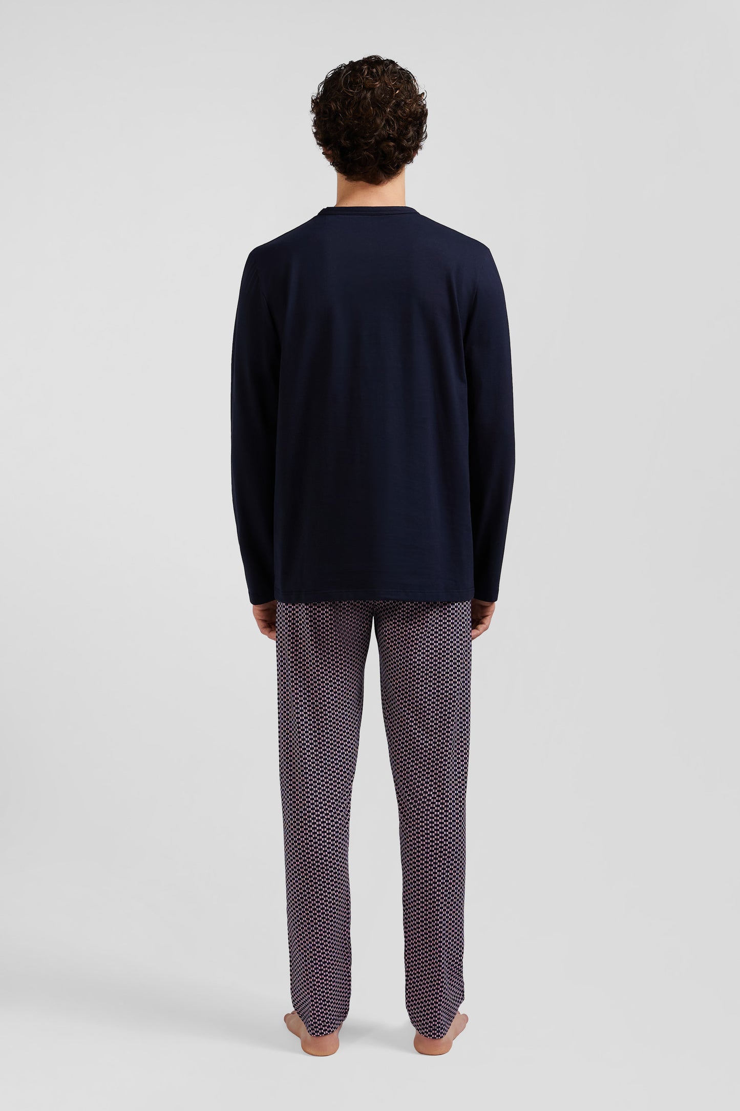 Pink long cotton pajamas with bow tie micro pattern trousers