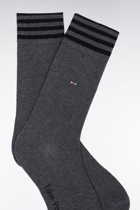 Grey stretch cotton blend socks with striped trim - Image 2