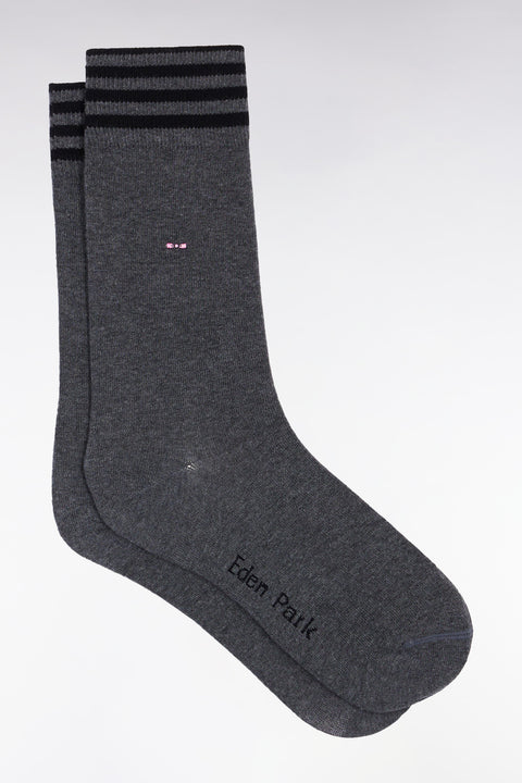 Chaussettes en coton stretch mélangée grises à bordures rayées - Image 1