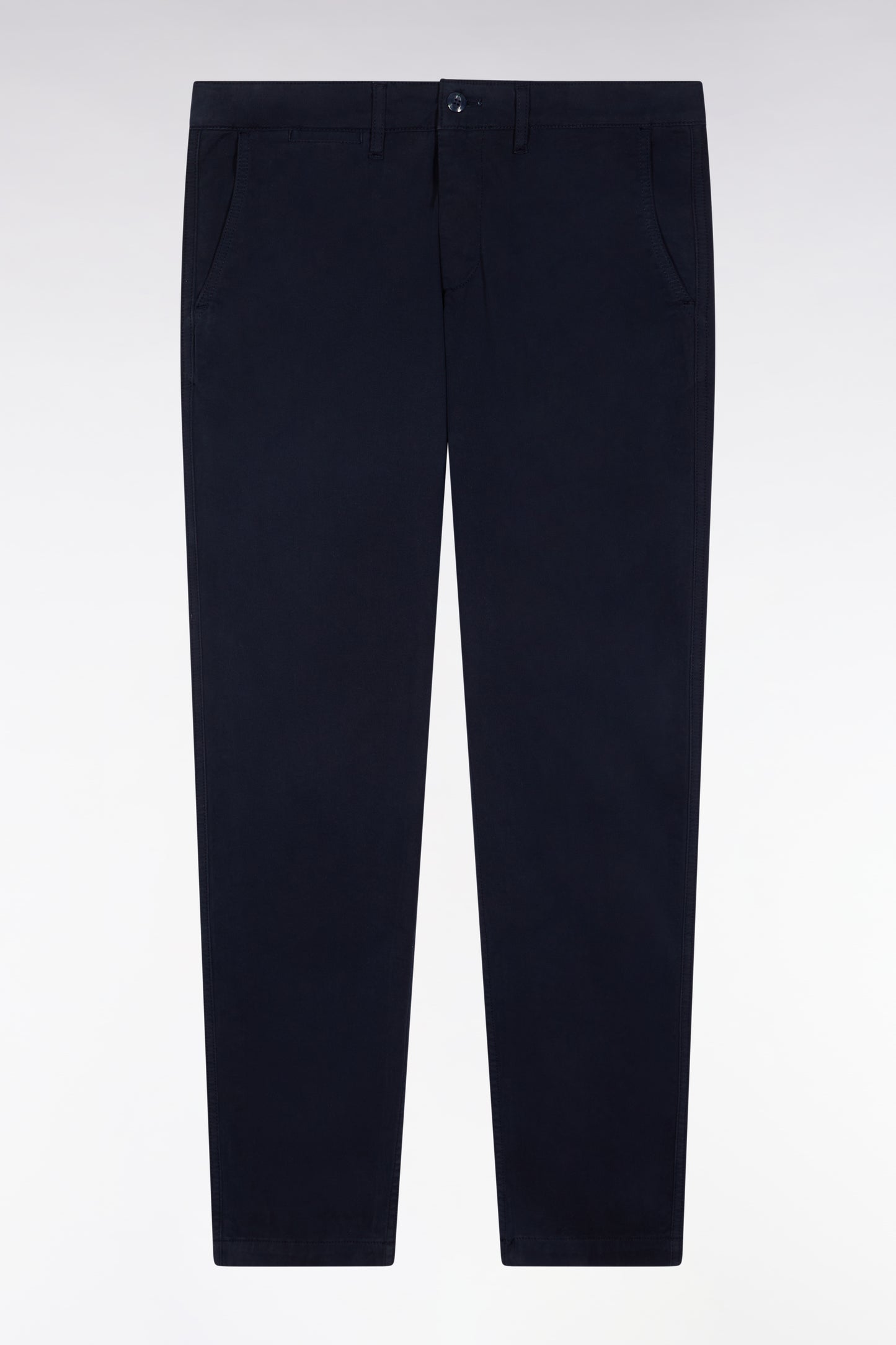 Pleatless chino pants in navy stretch cotton