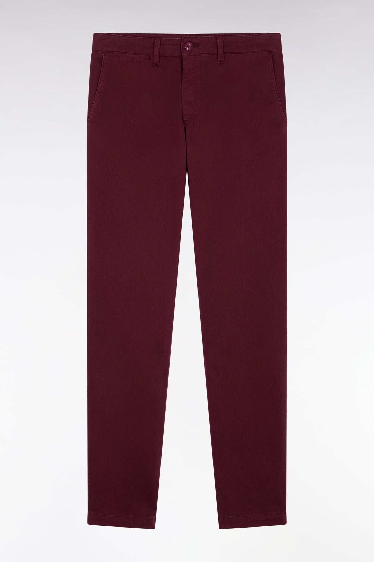 Pleatless chino pants in burgundy stretch cotton