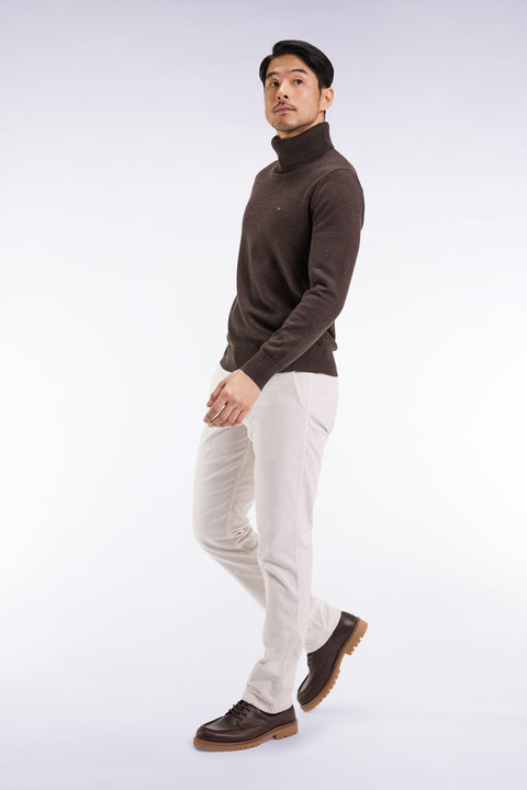 Pleatless chino pants in ecru stretch velvet - Image 1