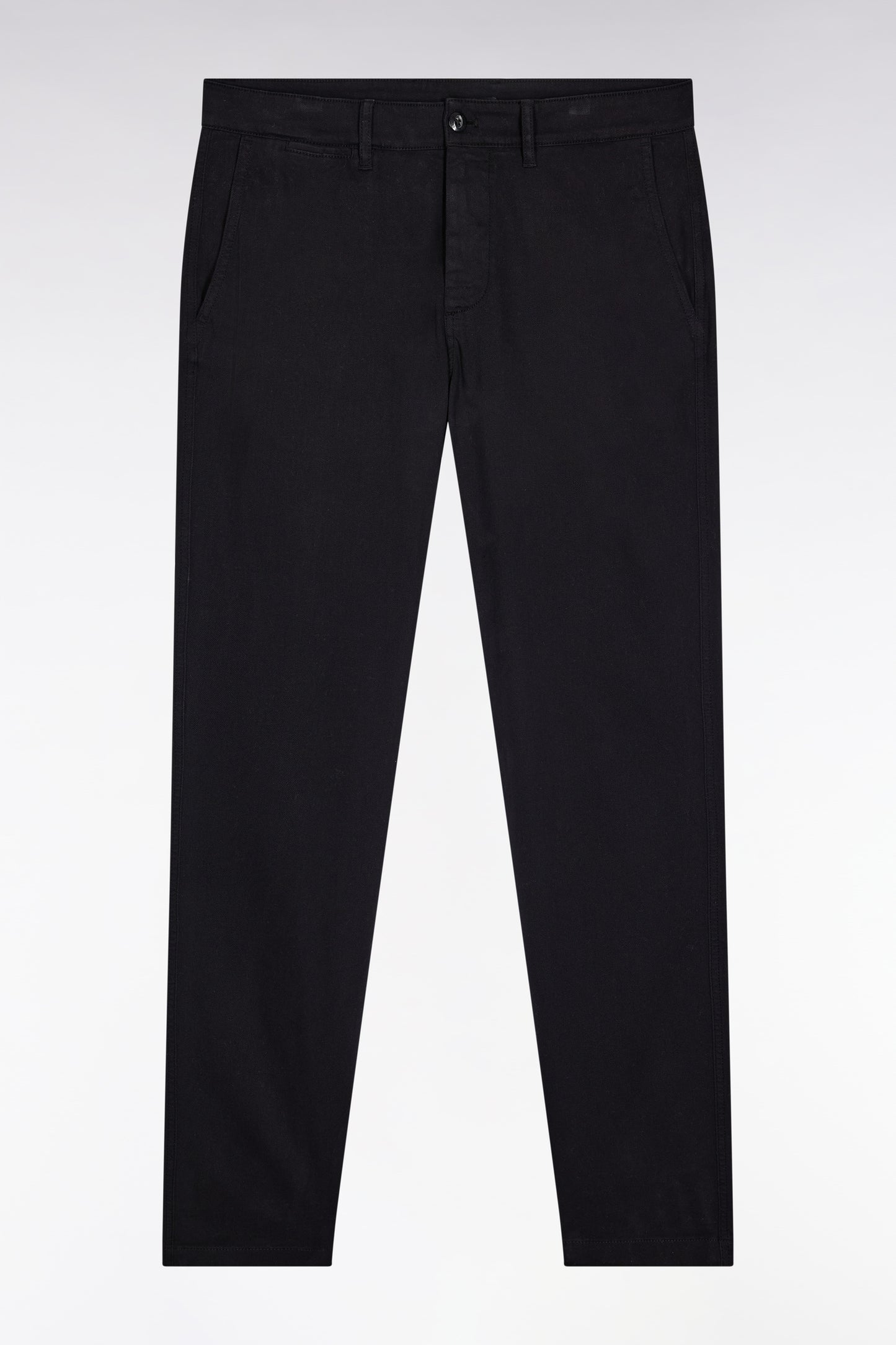 Pleatless chino pants in black stretch piqué cotton