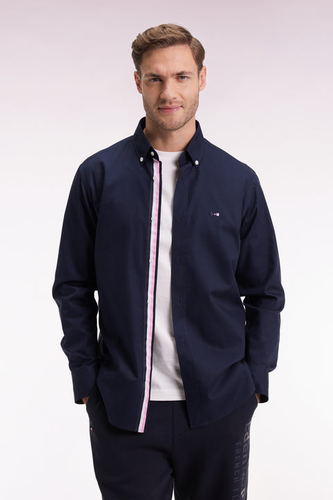 Navy pinpoint cotton shirt, embroidered back, straight cut - Image 3