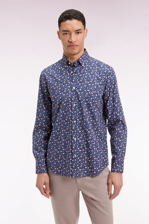 Blue cotton shirt with floral micropatterns, straight cut - Image 3