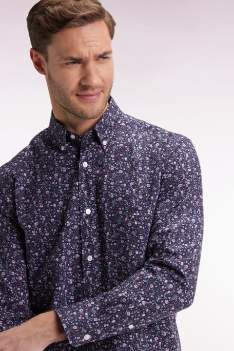 Navy cotton shirt with floral micropatterns, straight cut - Image 1