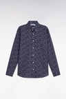 Navy cotton shirt with floral micropatterns, straight cut