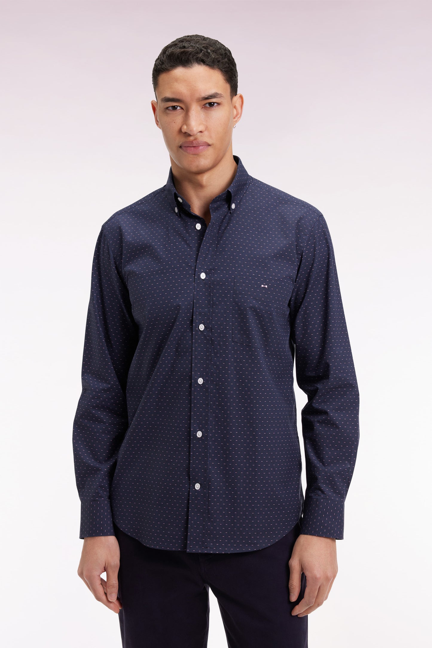 Cotton shirt with pink bow tie micropatterns, straight cut