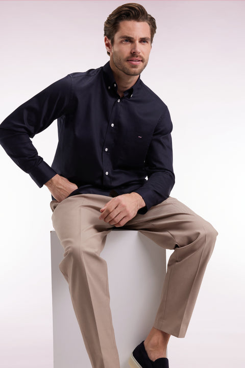 Navy piqué cotton straight-cut shirt - Image 1