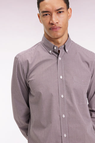 Gingham shirt in burgundy cotton poplin, straight cut