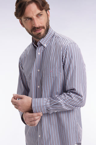 Navy cotton shirt with contrasting stripes, straight cut