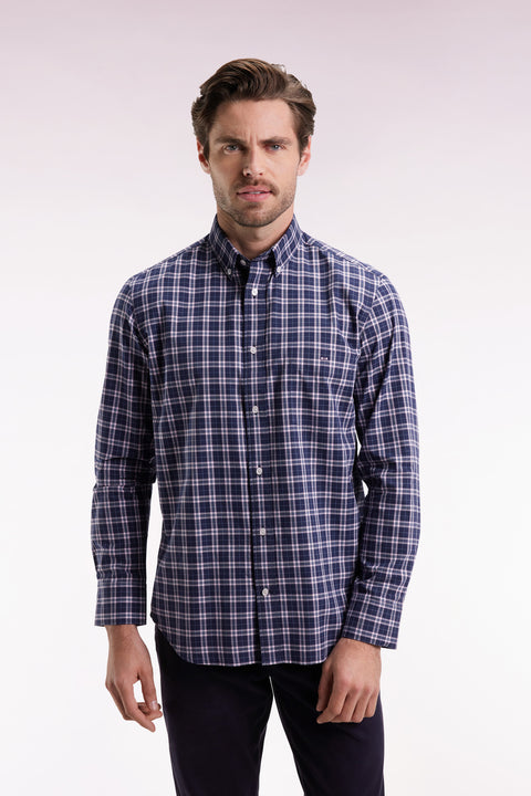 Navy and pink cotton check shirt, straight cut - Image 3