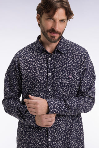 Navy cotton shirt with floral print, straight cut