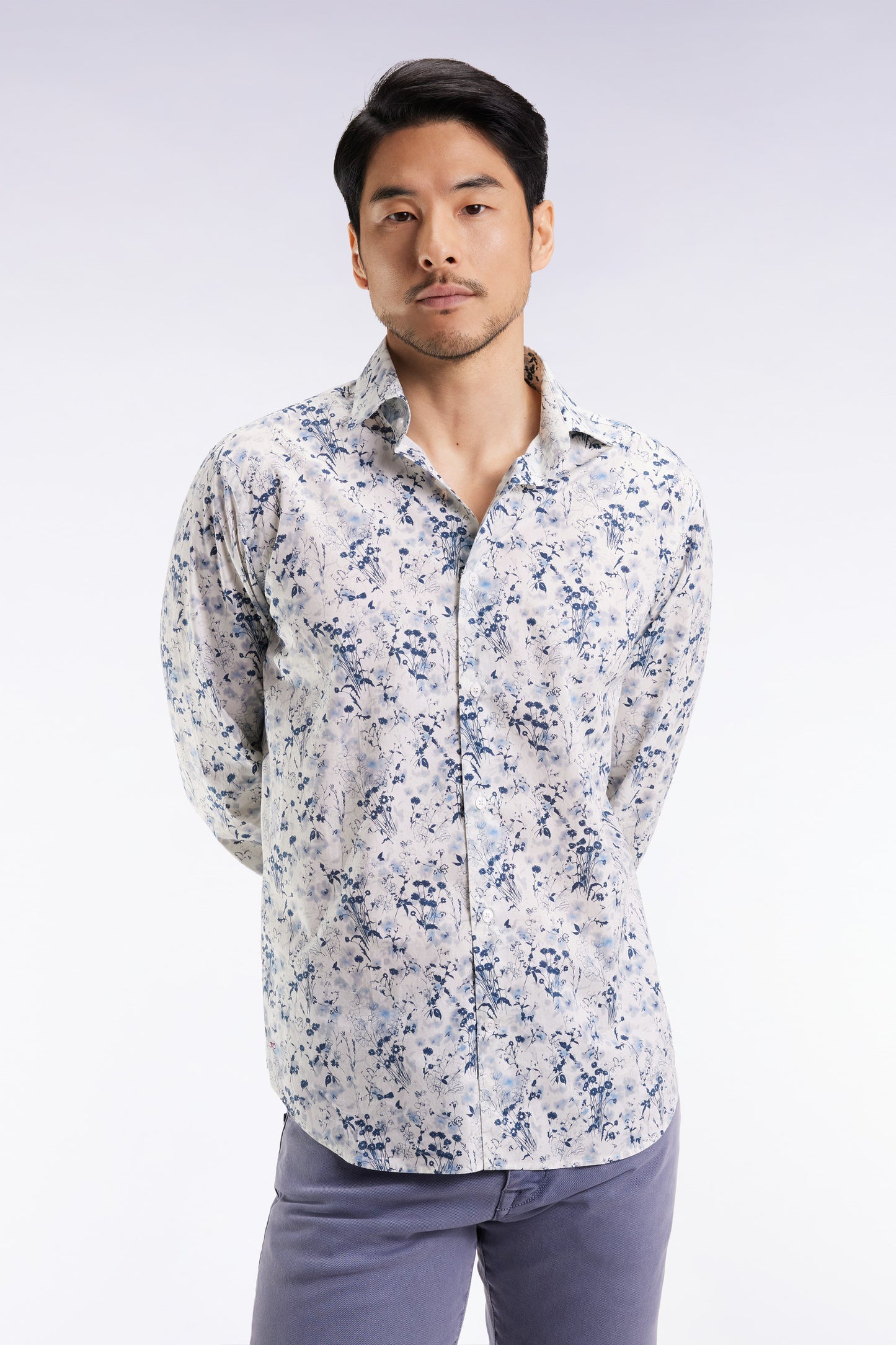 Light grey cotton floral print shirt, straight cut