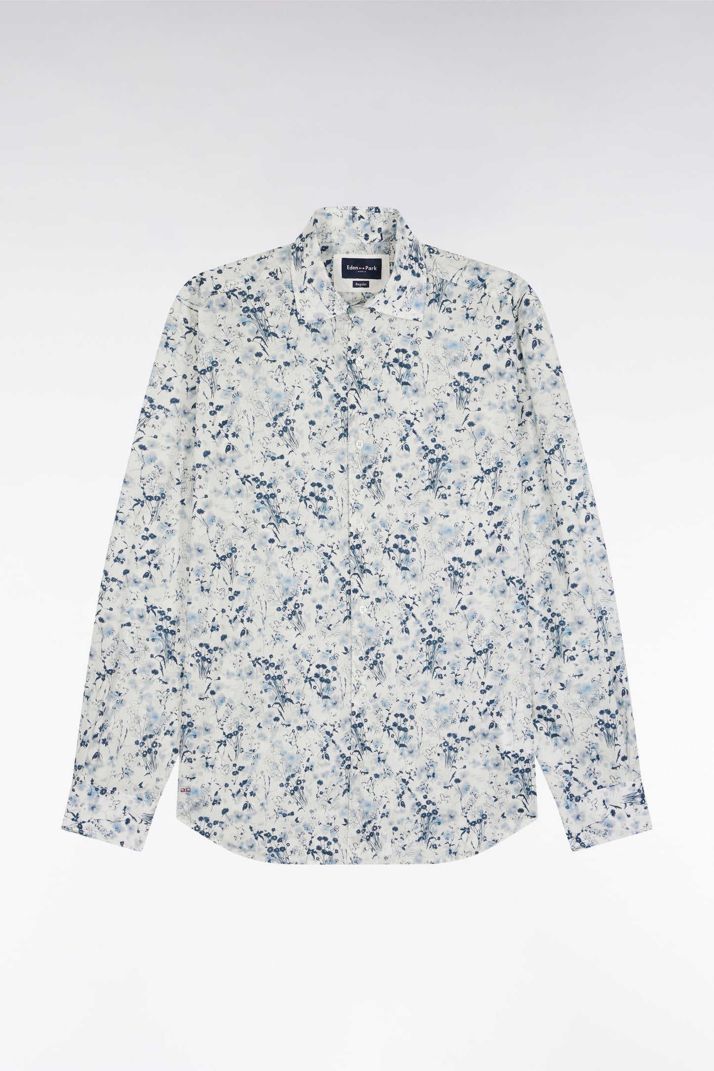 Light grey cotton floral print shirt, straight cut