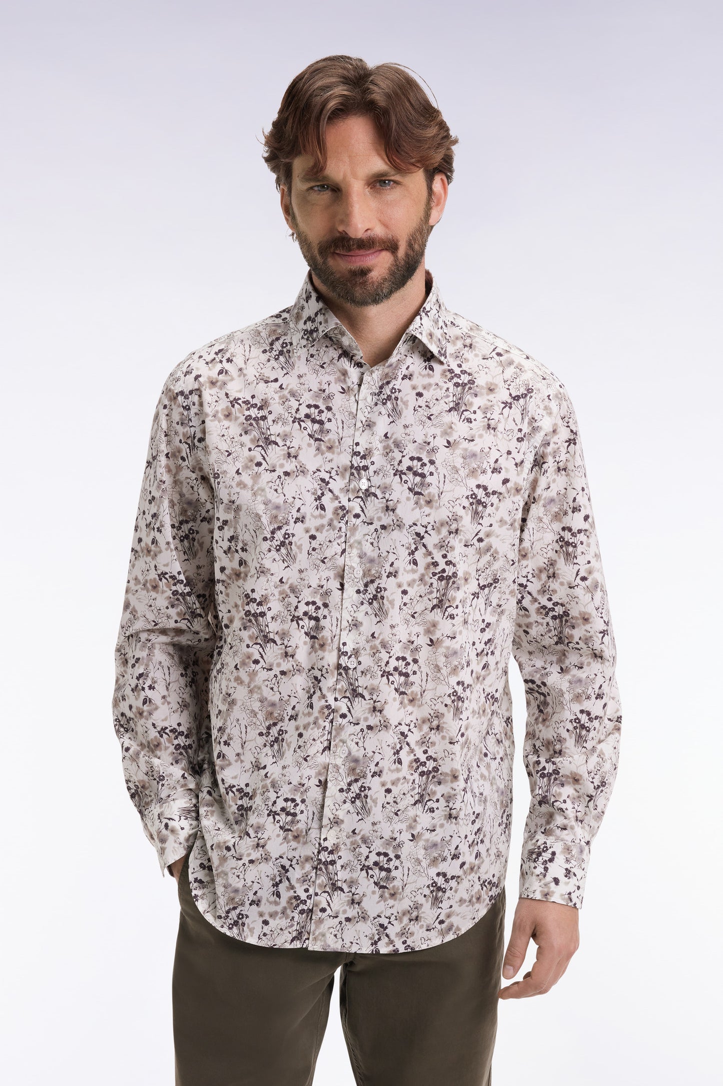 Brown cotton floral print shirt, straight cut