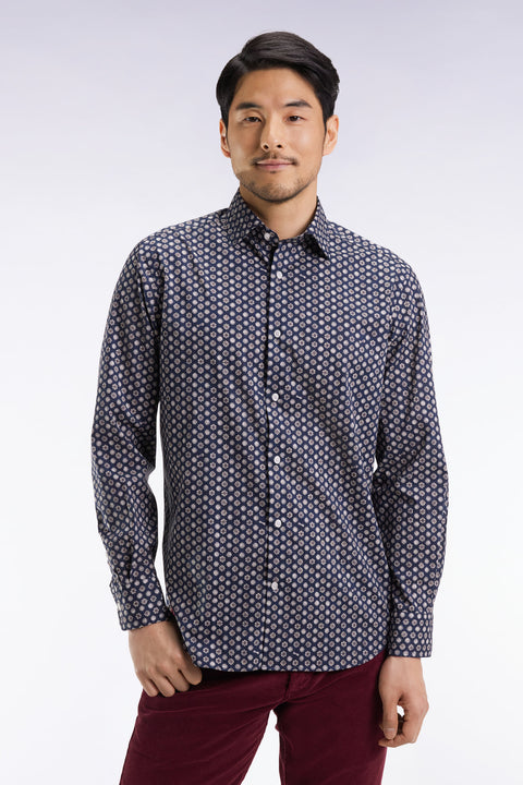 Navy cotton shirt with graphic floral print, straight cut - Image 3