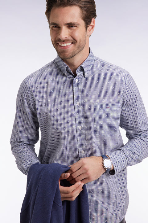 Blue cotton micropattern shirt, straight cut - Image 1