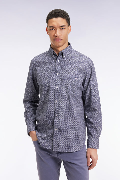 Navy cotton micro-pattern shirt, straight cut - Image 1