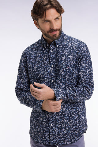 Straight-cut navy cotton shirt with floral micropatterns