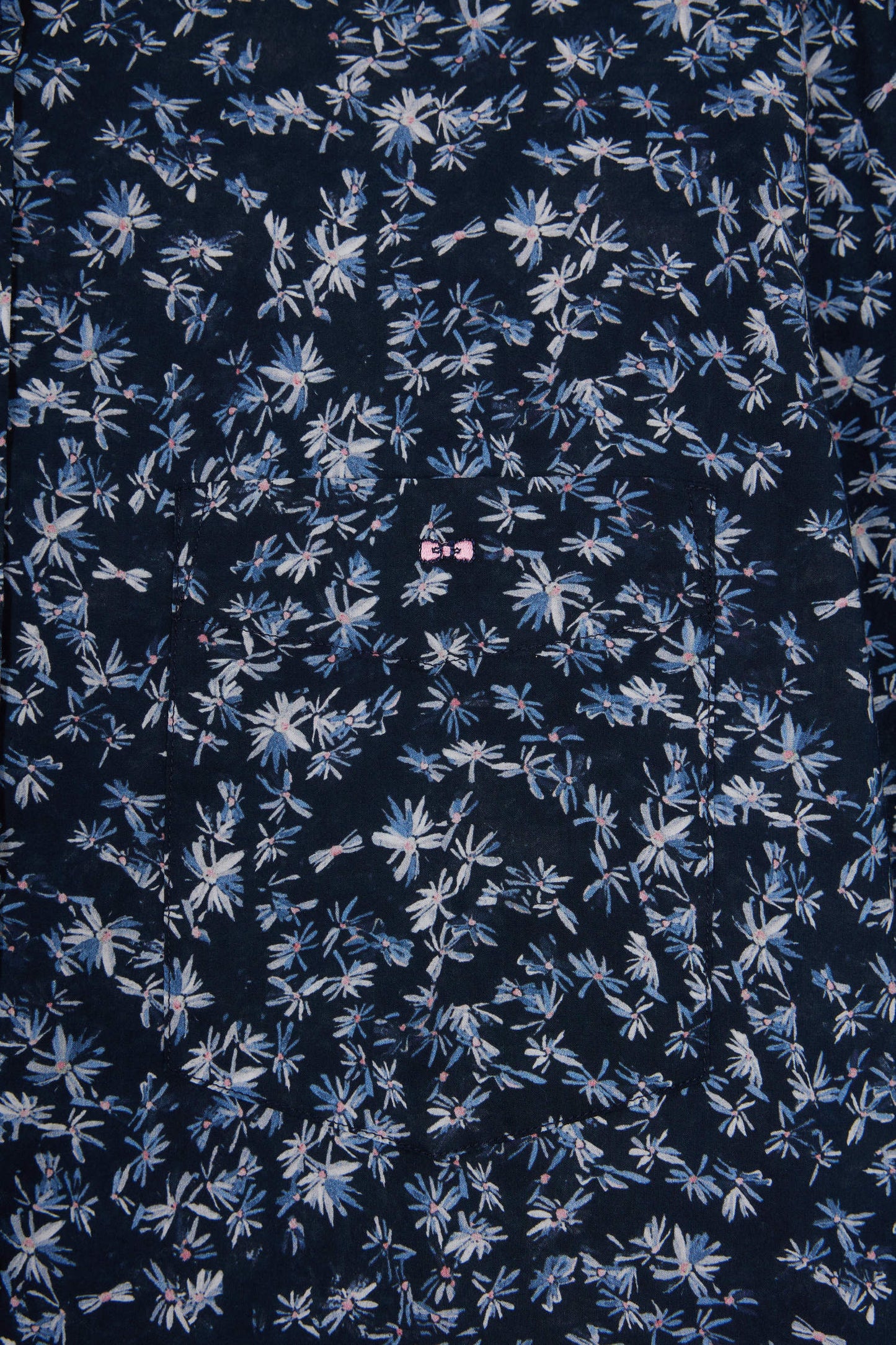 Straight-cut navy cotton shirt with floral micropatterns