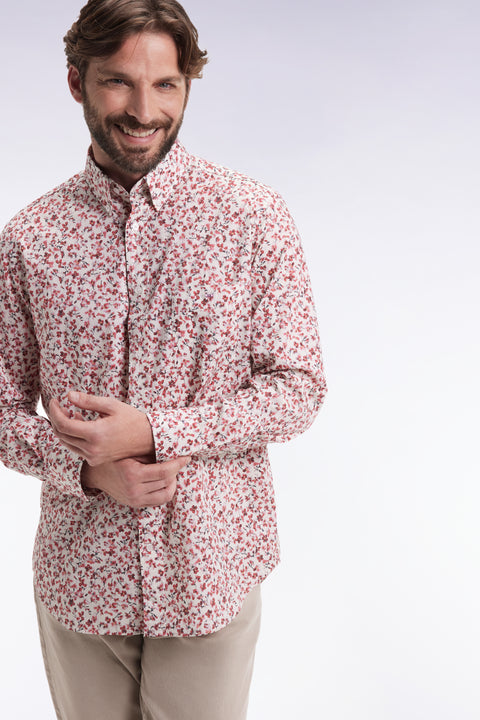 Cotton poplin shirt with red floral micropatterns, straight cut - Image 1
