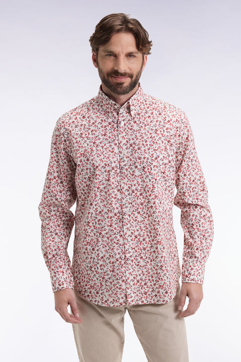 Cotton poplin shirt with red floral micropatterns, straight cut - Image 3