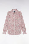 Cotton poplin shirt with red floral micropatterns, straight cut