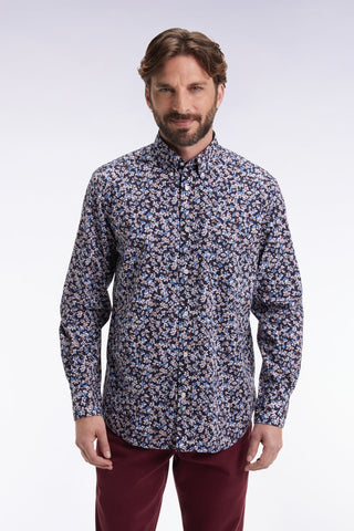 Cotton poplin shirt with blue floral micropatterns, straight cut