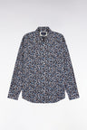 Cotton poplin shirt with blue floral micropatterns, straight cut