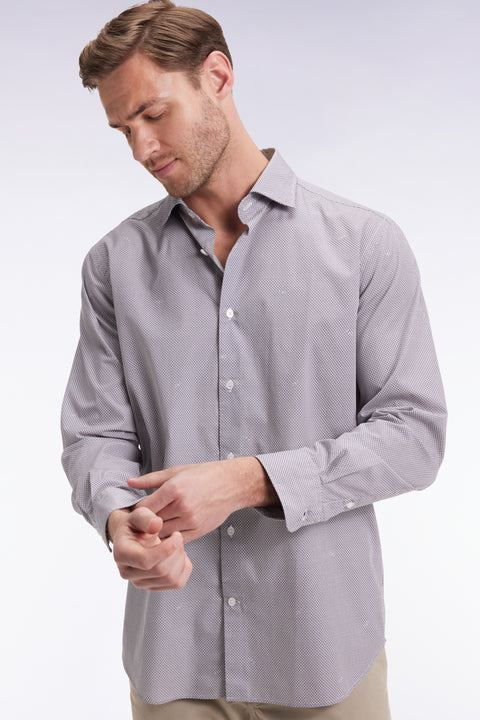 Cotton poplin shirt with beige micro-patterns, straight cut - Image 1
