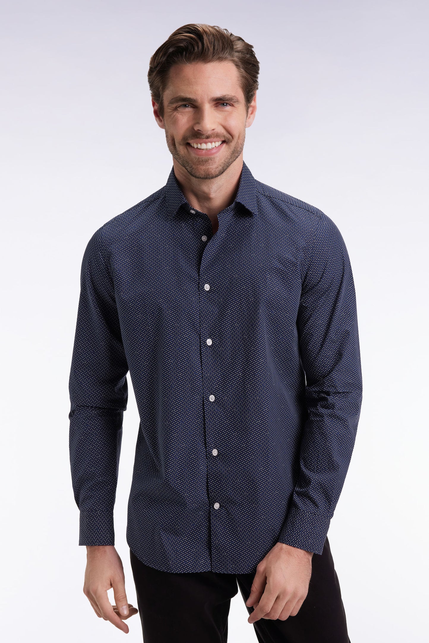 Cotton shirt with blue polka dot micropattern, slim fit