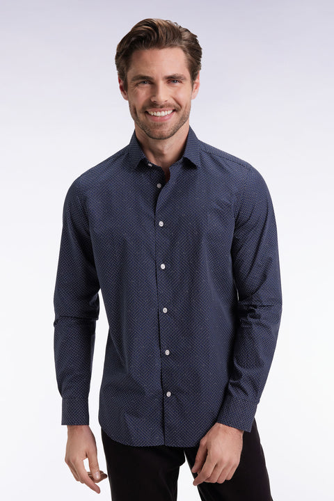 Cotton shirt with blue polka dot micropattern, slim fit - Image 1